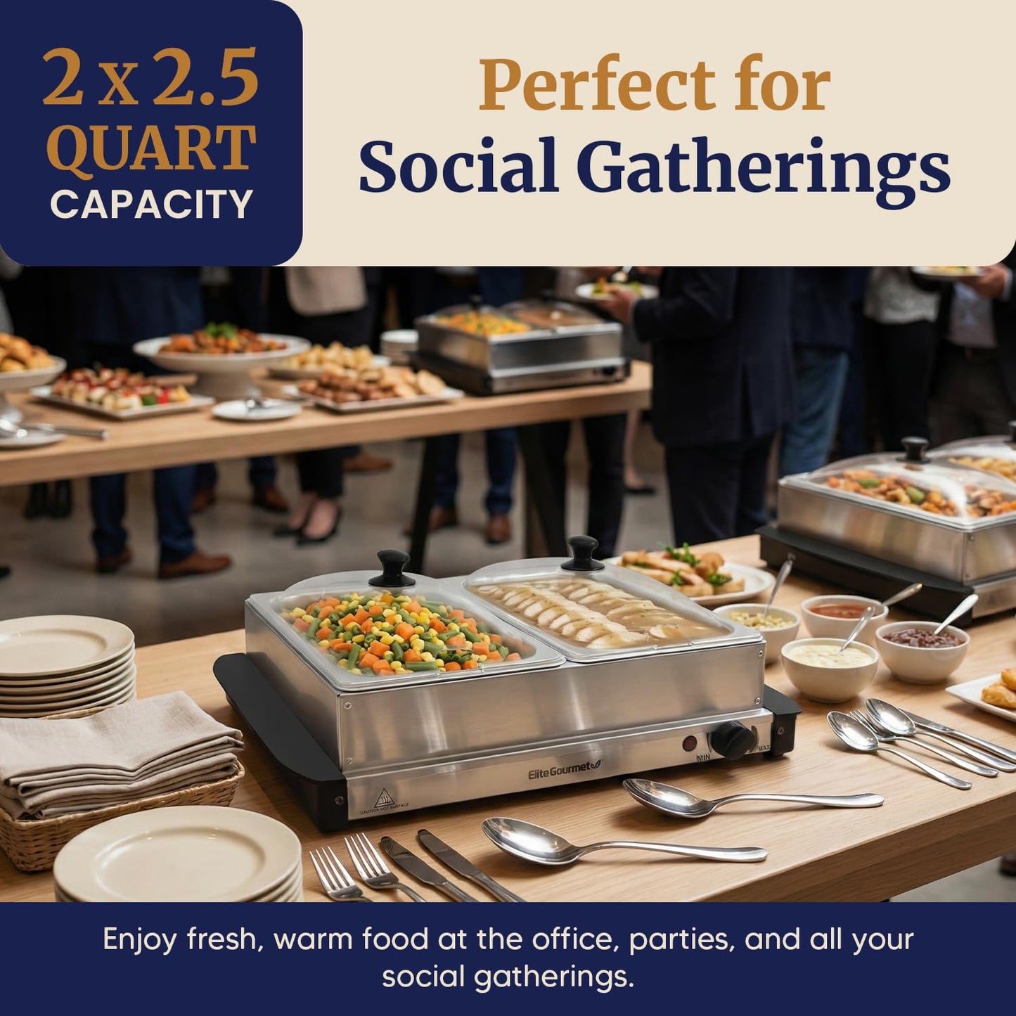 Elite Gourmet EWM-6122X Deluxe Dual Buffet Server Food Warmer Party Tray, Gravy & Holiday Essentials, Special Events, 2 x 2.5Qt, Stainless Steel
