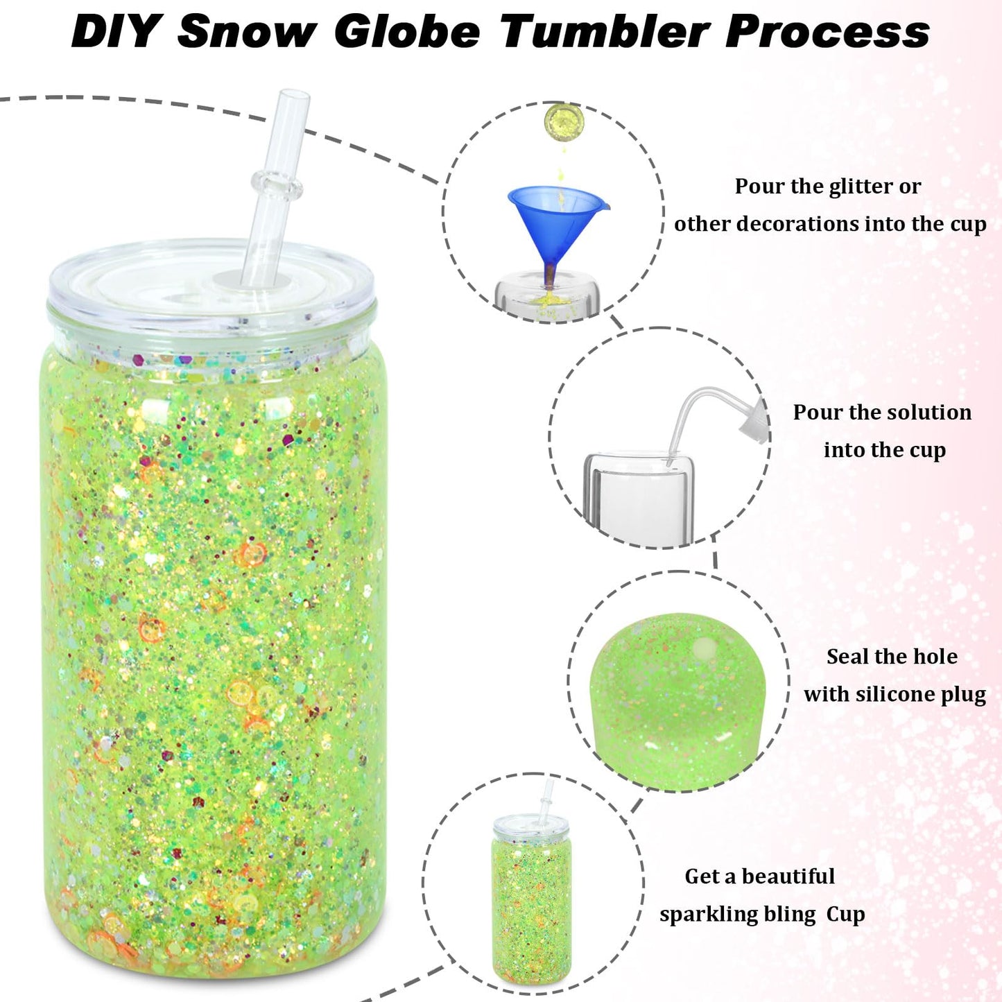 Micellwuu 16 oz Plastic Snow Globe Tumbler, 16 Pack Double Wall Snowglobe Tumbler with Pre Drilled Hole, Plastic Mason Jar Cups Can for Snow Globe Glitter DIY (Clear)