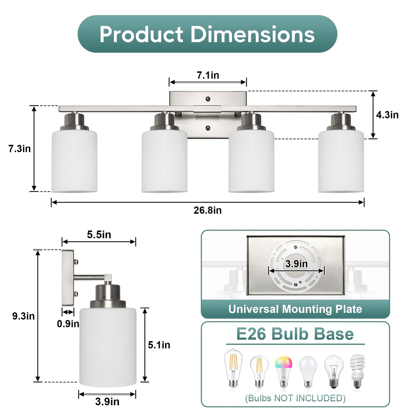 Ascher Bathroom Light Fixtures, 4-Light Vanity Light Over Mirror, Brushed Nickel Wall Sconces with Milky White Frosted Glass Shades, Wall Lamp for Living Room Bedroom, E26 Base(Bulbs Not Included)