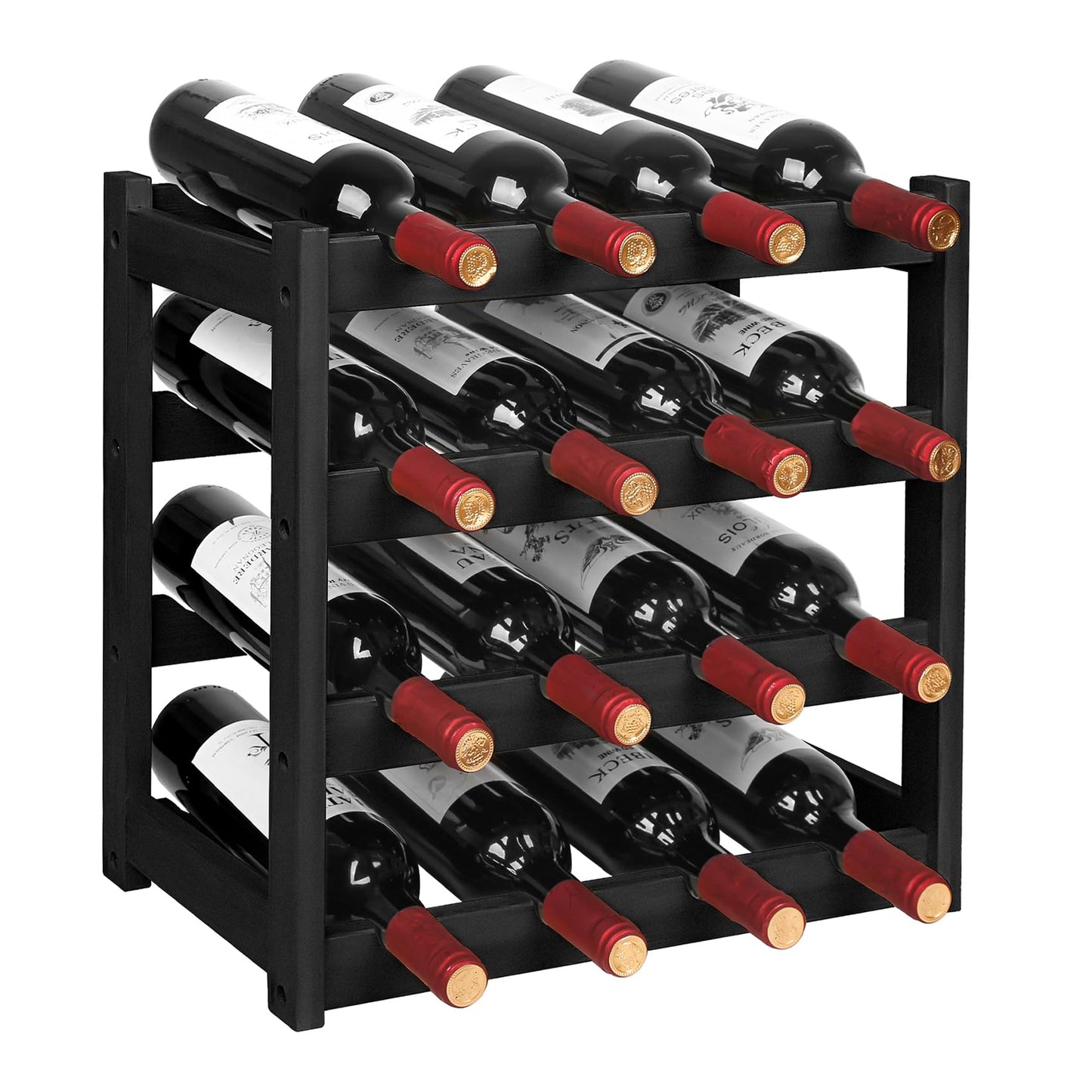 VASMIA Wine Rack, 4-Tier Bamboo Wine Racks Countertop,Sturdy and Durable Wine Storage Cabinet Shelf,16 Bottles Wine Holder for Kitchen Pantry, Black