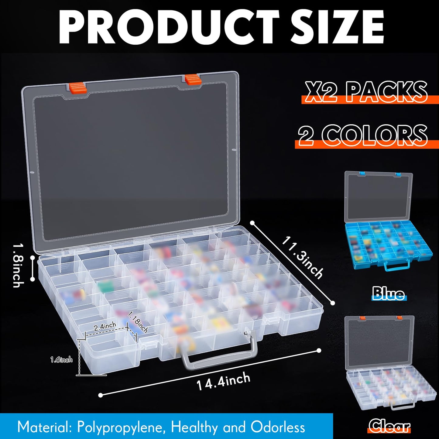 Juexica 2 Pack 48 Grids Clear Plastic Organizer Box with Removable Dividers Toy Collector Box Transparent Compartment Container Storage for Toy Jewelry Craft Bead (Box Only) (Clear, Blue)
