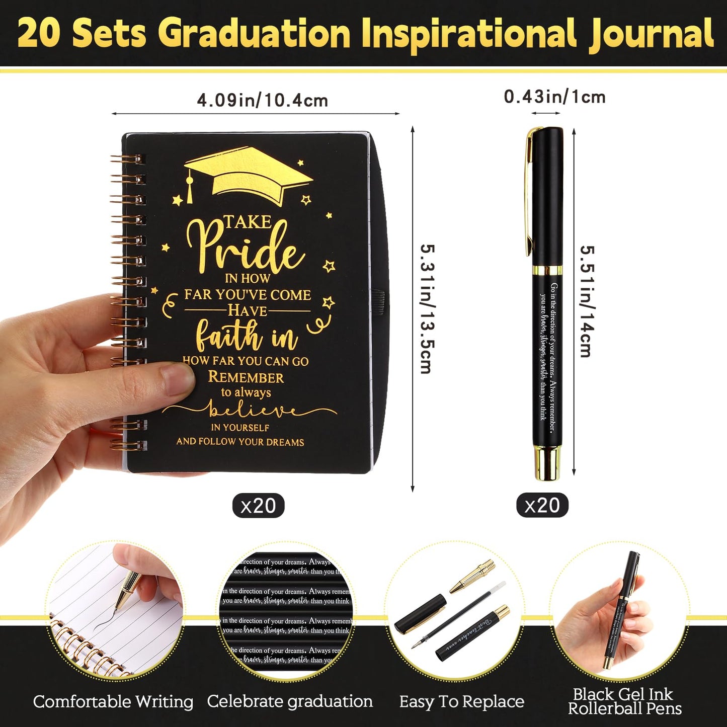 FillTouch 20 Sets 2026 Graduation Gifts Bulk Inspirational Spiral Journal with Motivational Pen Kraft Notebooks Class of 2026 Gifts for College Graduate (Black)