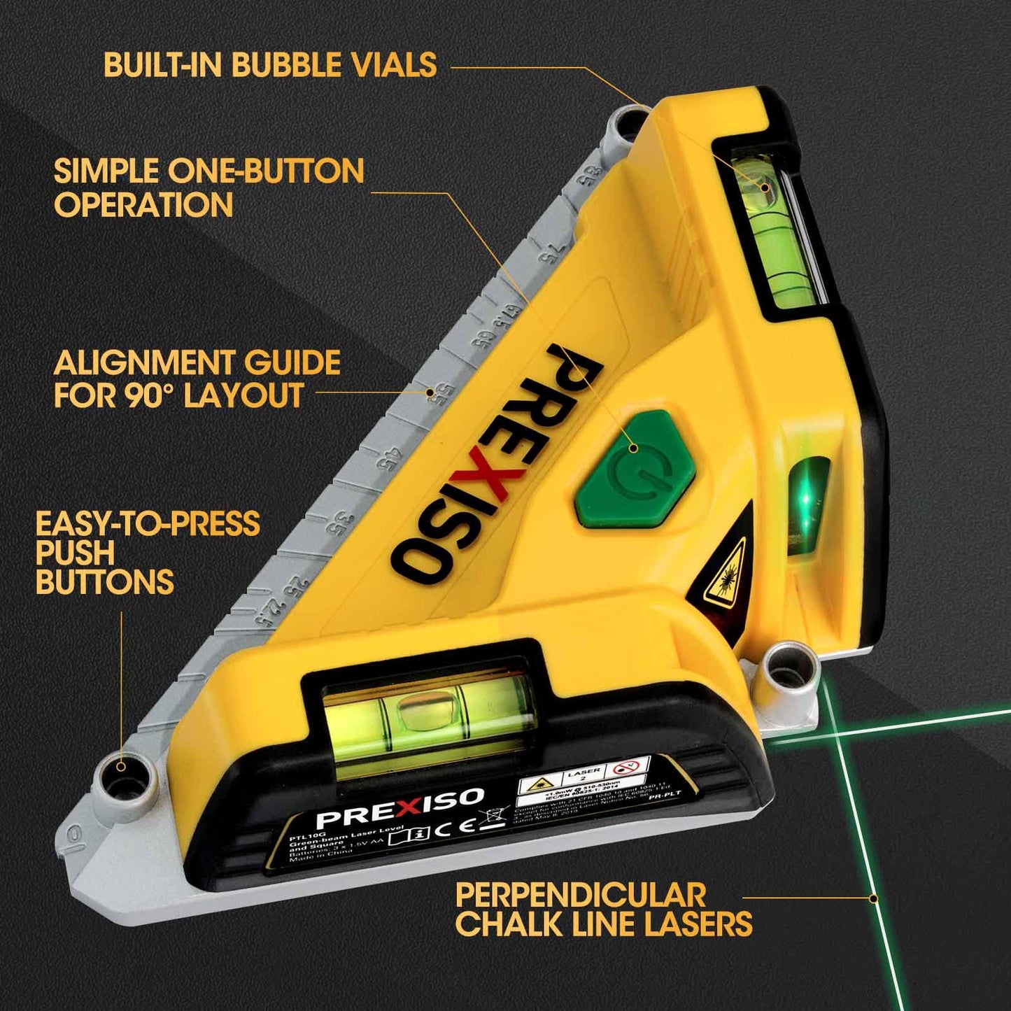 PREXISO Square Laser-65Ft Green Beam Floor Tile Laser Level, Tile Laser Line Projection, Angle 90 degree Aluminum Base Magnetic Level Square Built-In 2 Bubble Vials-With 3 Mounting Pins 3AA Batteries