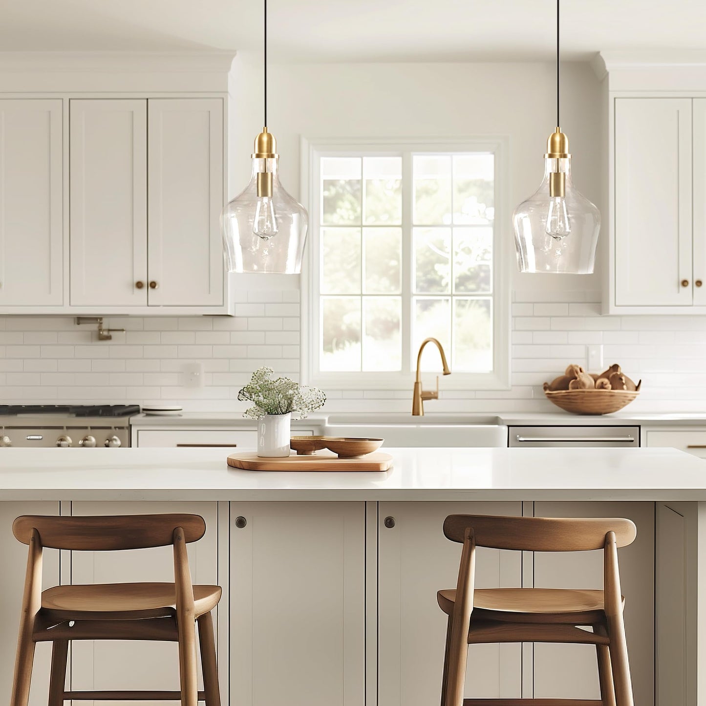 INK+IVY Auburn Pendant Lighting for Dining Room, Industrial Kitchen Lights, Hand-blown Glass Bell Shaped Pendant Light for Kitchen Island, Foyer, Bedroom, 9" Dia x 95.5" H, Gold/Clear