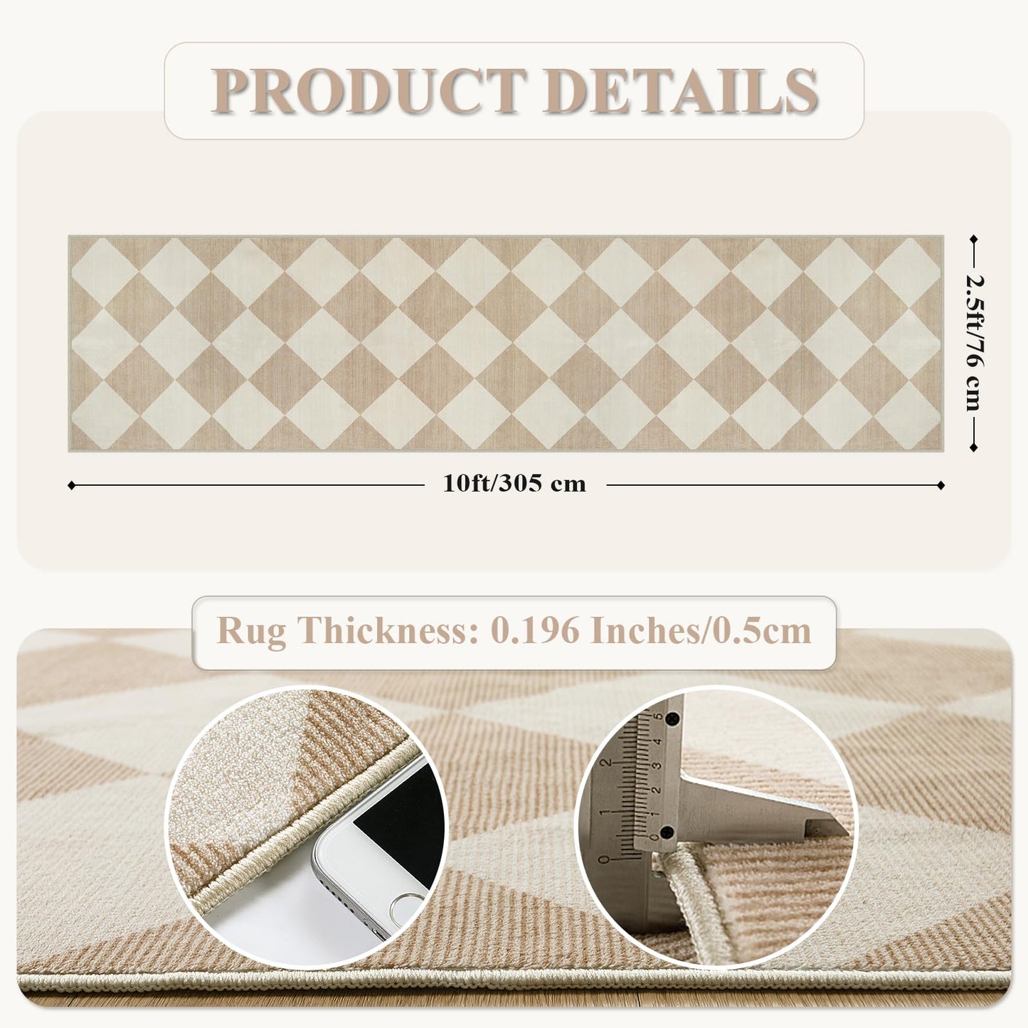 Beeiva Checkered Print Long Hallway Runner Rug Non Slip, Beige Ultra Thin 2.5x10 Washable Runner Rug, Moroccan Trellis Home Decor Faux Wool Neutral Carpet for Bathroom Kitchen Hallways, 10ft