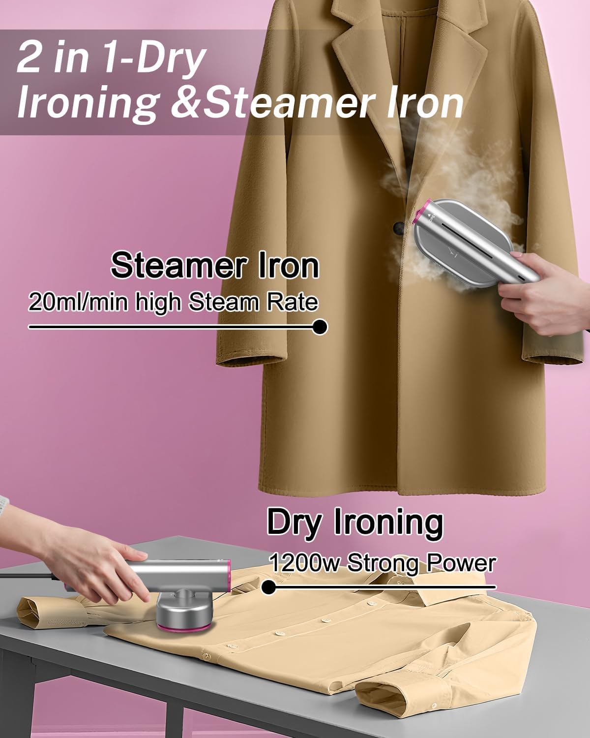 ELORTI Portable Steamer for Clothes, Mini Travel Handheld Steamer 2 in 1-1200W Steam 10S, 90 Rotatable Handle, Foldable Lightweight Garment Steamer for Business Trip Vacation Cruise