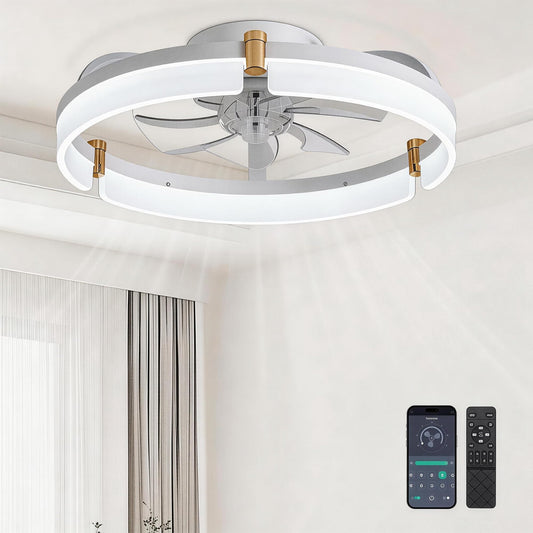 Ceiling Fans with Lights and Remote Fandelier - White 20'' Flush Mount Low Profile Modern Ceiling Fans for Bedroom - Stepless Color Temperature and 6 Speeds, White
