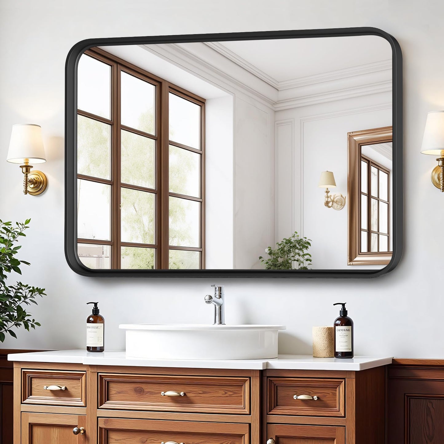 Bathroom Mirror for Wall, 30x22 Inch Rounded Rectangle Mirror, Black Metal Framed Bathroom Vanity Mirror for Restroom Farmhouse, Anti-Rust, Tempered Glass, Horizontally or Vertically Hanging