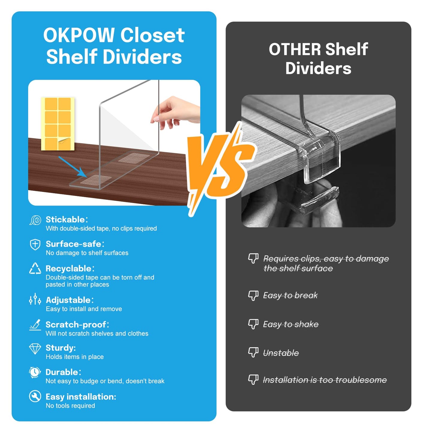 OKPOW Shelf Dividers Closet Organizer - 12" Tall X 11.8" Deep Acrylic Clear Sturdy Separate for Clothes Purse - Adjustable Space Saver Easy Install for Home Organization Enthusiasts 8 Pack