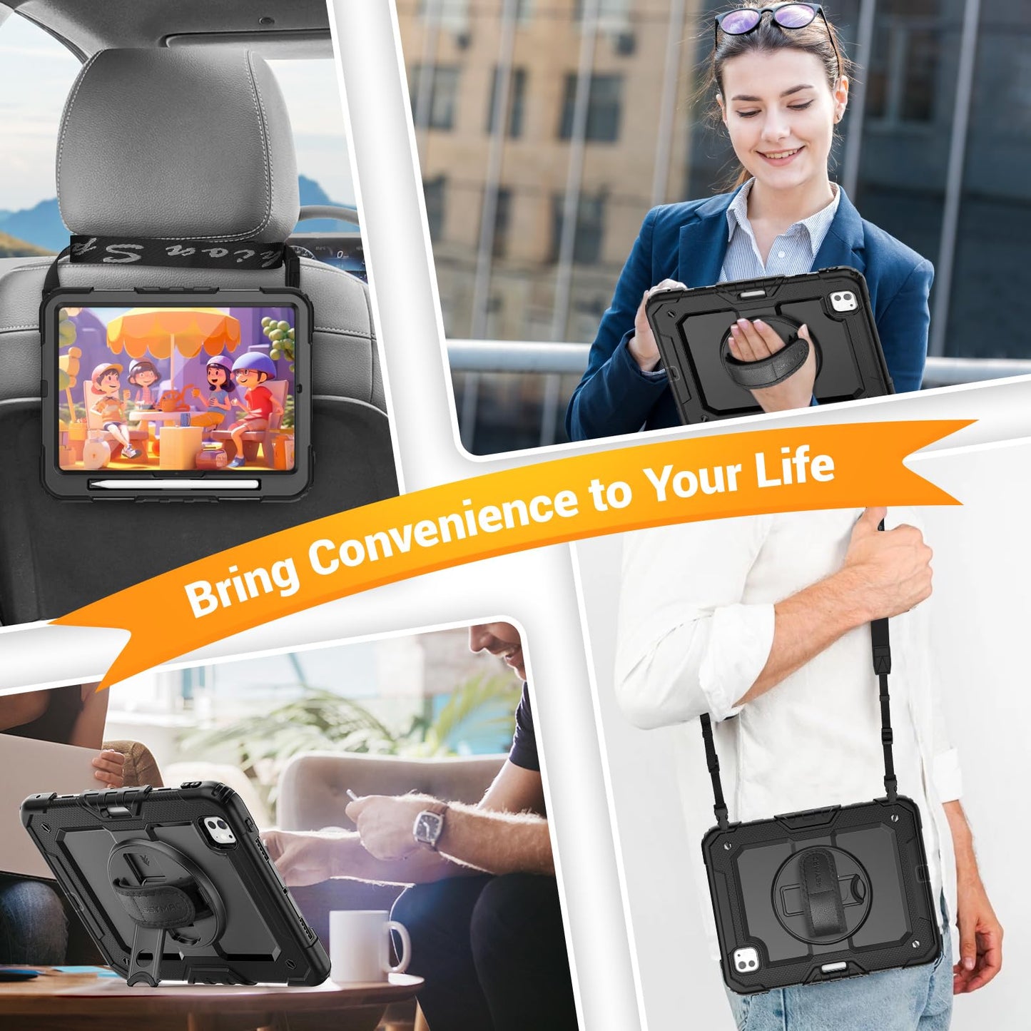 SEYMAC for iPad Pro 11 Inch Case 2024 (M4), Heavy Duty Shockproof Protective Case with Screen Protector, 360° Rotating Stand, Hand/Shoulder Strap and Pen Holder for iPad Pro 11 2024, Black