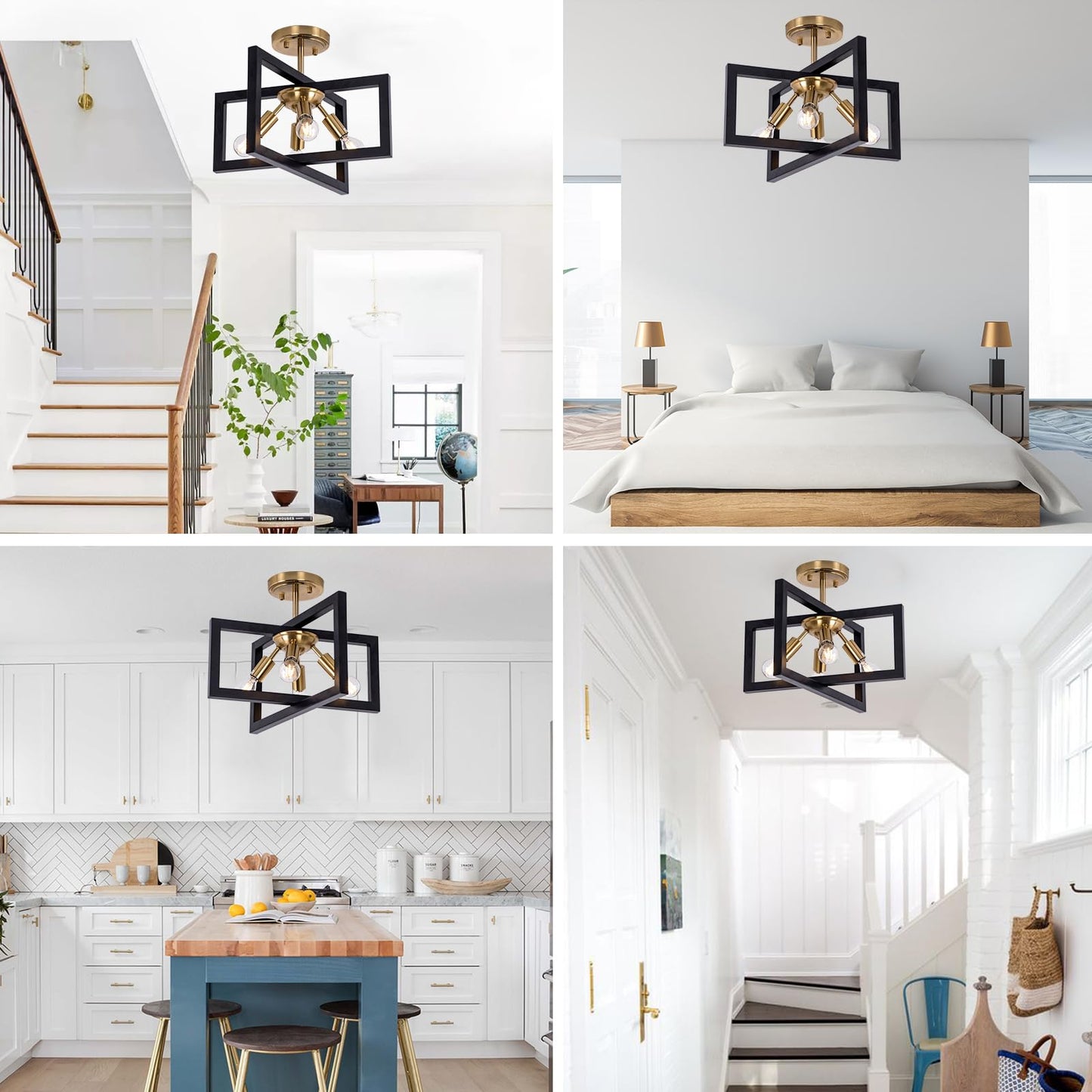 Minyuco Semi-Flush Mount Ceiling Light - Modern Industrial Light Fixture Black and Gold,4-Light Candelabra Lighting Ceiling Lamp for Kitchen Foyer Entryway Hallway Bedroom Closet