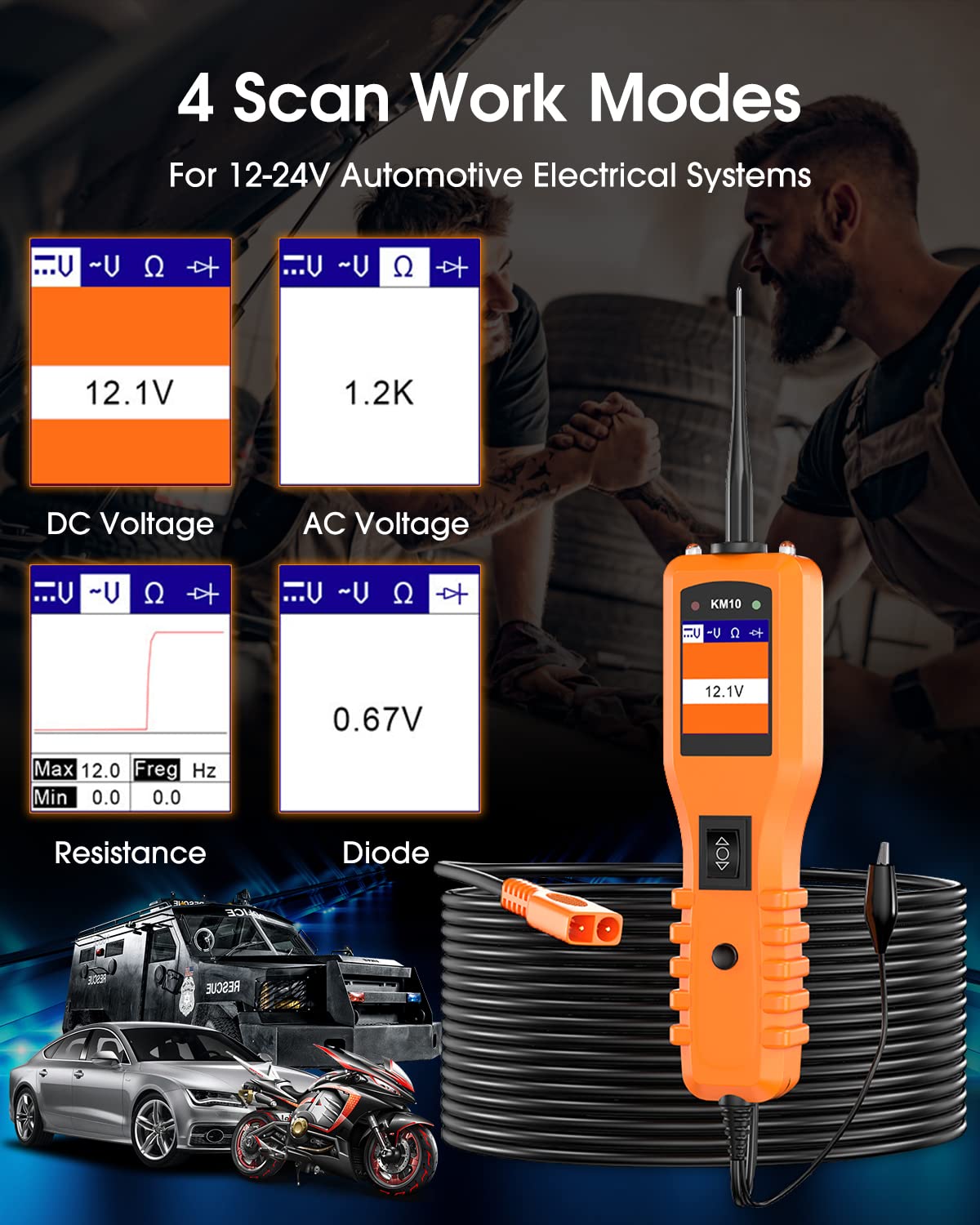 KZYEE KM10 Power Circuit Probe Kit, 12V 24V Circuit Breaker Finder, Digital Voltage Tester, AC DC Diode Resistance, Current Probe, Automotive Electrical Activate Component Tool, 20FT+20FT Cable