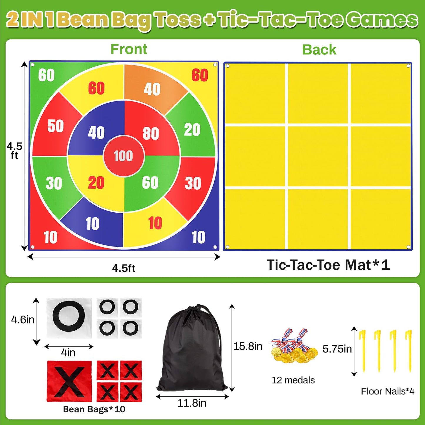 2-in-1 Giant Bean Bag Toss & Large Tic Tac Toe Outdoor Games for Kids Adults-4.5ft Giant Outside Lawn Yard Camping Field Day Games for Kid Family-Backyard Fun Carnival Beach Picnic Party Outdoor Game