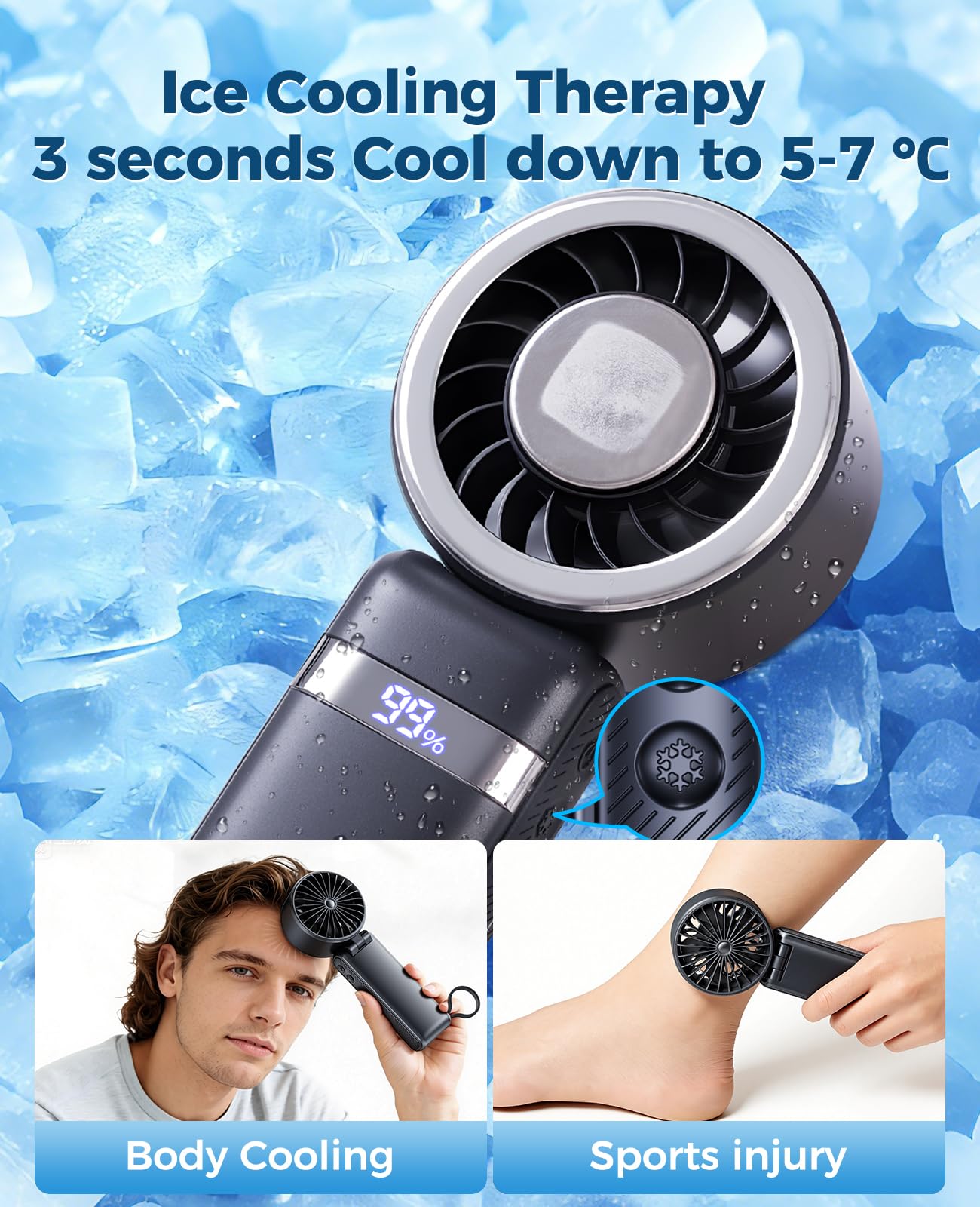 【2026 Upgrade】12000mAh Ice Cooling Portable Handheld Fan with 12W Fast Charging Personal Fan 25H Working Time 100 Speeds Turbo Fan Cooling Fan 3-in-1 Desk Fan Rechargeable for Travel,Camping(Black)