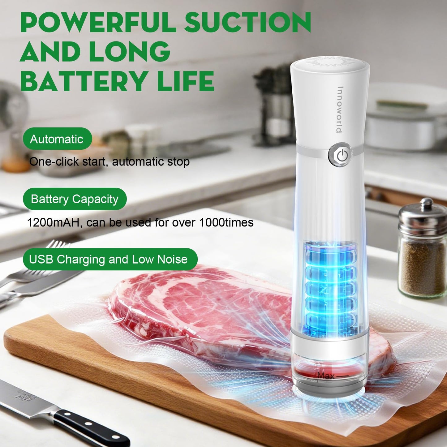 Innoworld 3-in-1 Vacuum Sealer for Food Compatible with Vacuum Bag, Mason Jar, Wine Bottle, Handheld Saver Compact Vacuum Sealer Machine