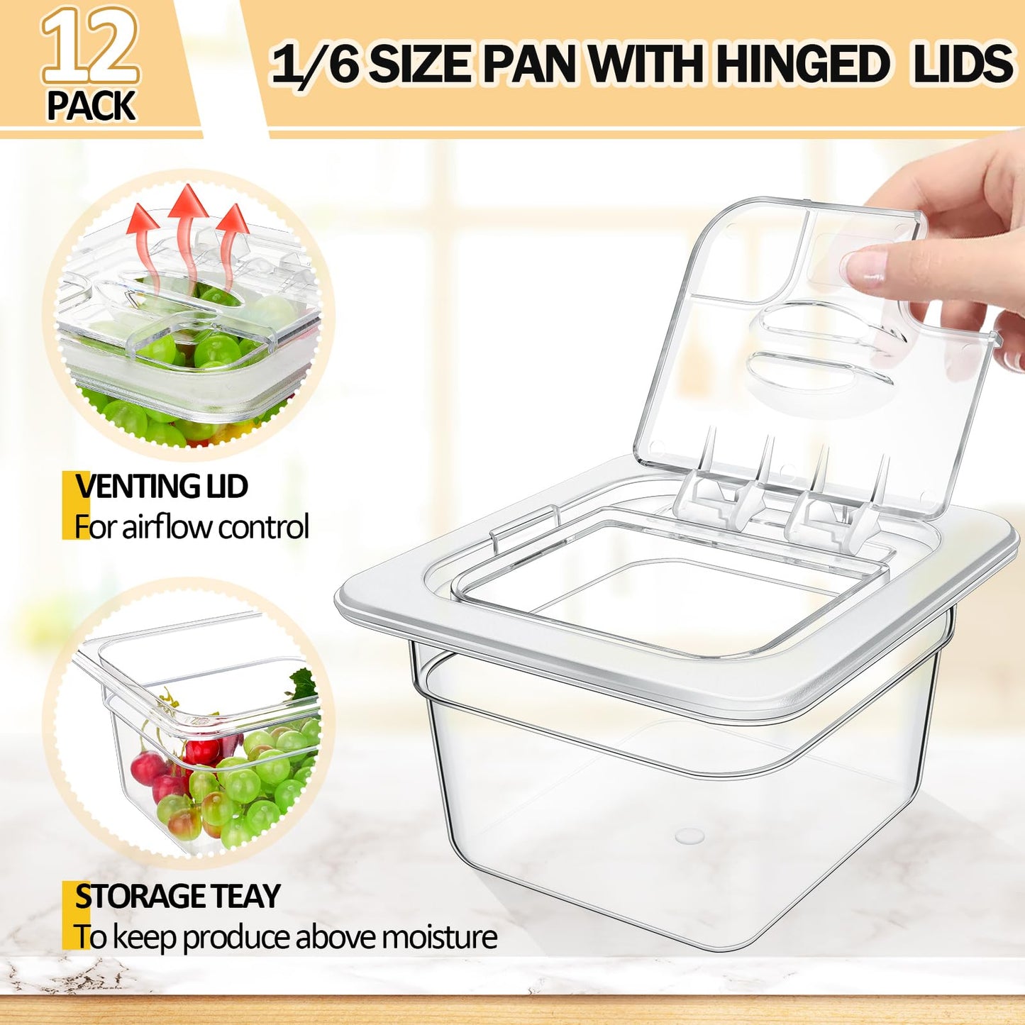 Geetery 12 Pack 4'' Deep Polycarbonate Food Pan with Lid Stackable Plastic Pan Restaurant Food Storage Containers with Hinged Lids for Hotel Supplies(Clear)