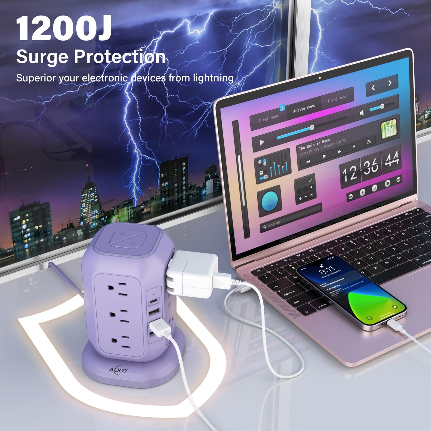 USB C Power Strip Tower, Surge Protector with 12 AC Outlet and 4 USB Ports, AiJoy 10 FT Extension Cord, 1200J Power Strip Surge Protector, USB Charging Station, Office Supplies, Dorm Essentials, Woman