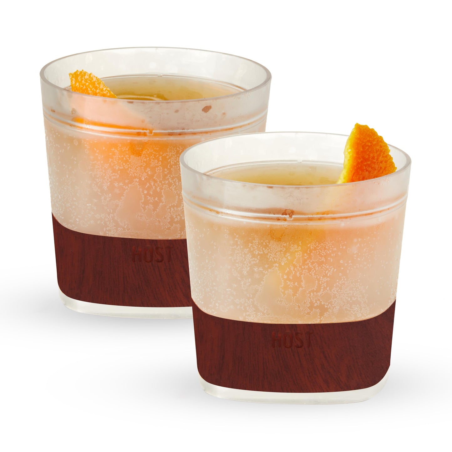 Host Whiskey Freeze Glasses, Double Old Fashioned Glasses with Oak Wood Design Silicone Band, Chill Without Dilution for Bourbon, Vodka, Rum, Bourbon Gifts for Men, Gifts for Him, 9 oz, Set of 2