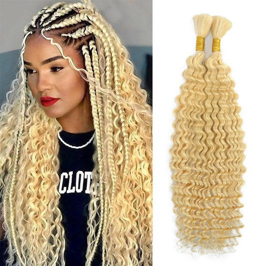 613 Blonde Human Braiding Hair Deep Wave Bulk Human Hair For Braiding No Weft Bundle 100g 2 Bundles/Pack 100% Brazilian Virgin Deep Wave Curly Human Hair Extensions For Braids Human Hair 16 Inch