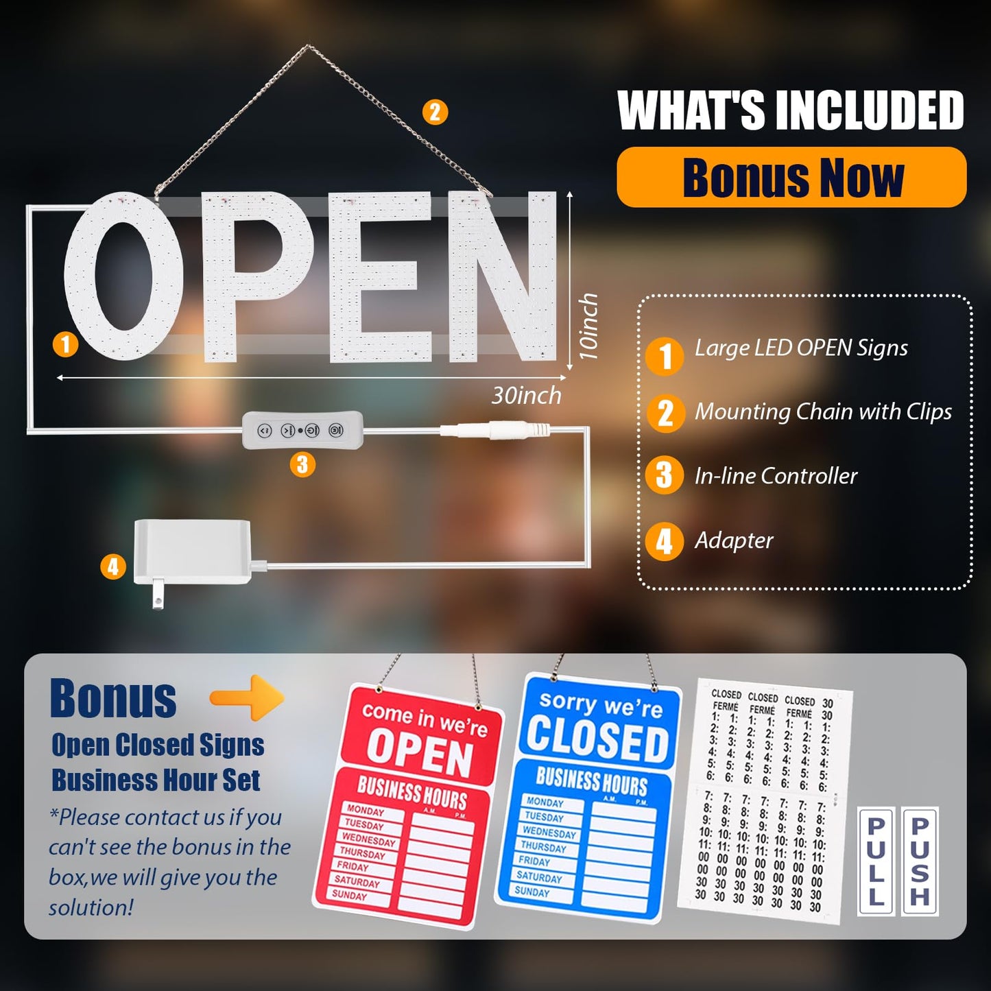 Thirdpolite Open Signs for Business, 30"x10" Dimmable Large LED Open Light Up Sign with Hanging Installation for Salon Gym Cafes Store Office Bar Hotel Pubs Cold white