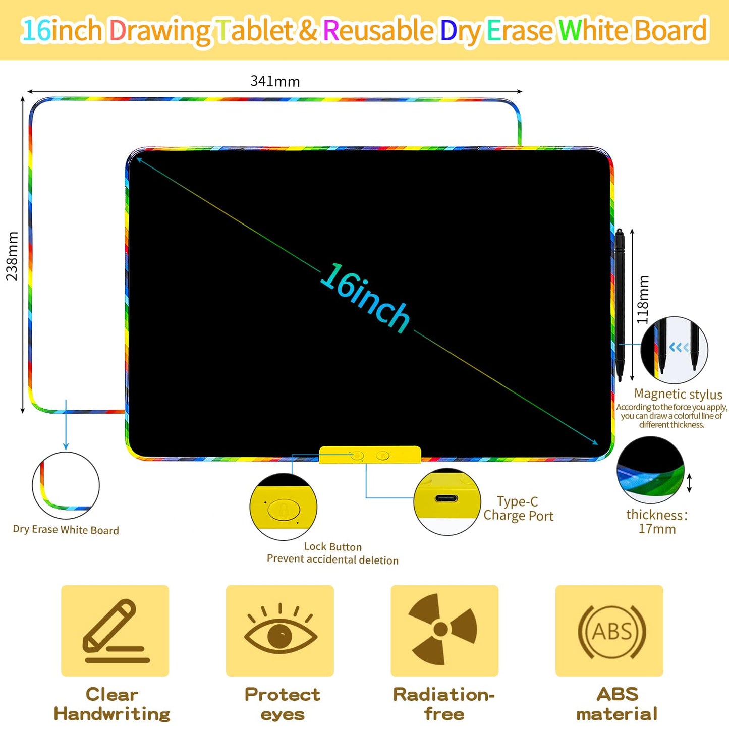 LCD Writing Tablet for Kids 16 Inch, Educational Drawing Board with Magnetic Whiteboard Back, Includes 3 Markers and Tangram Puzzle, Birthday Gift for Ages