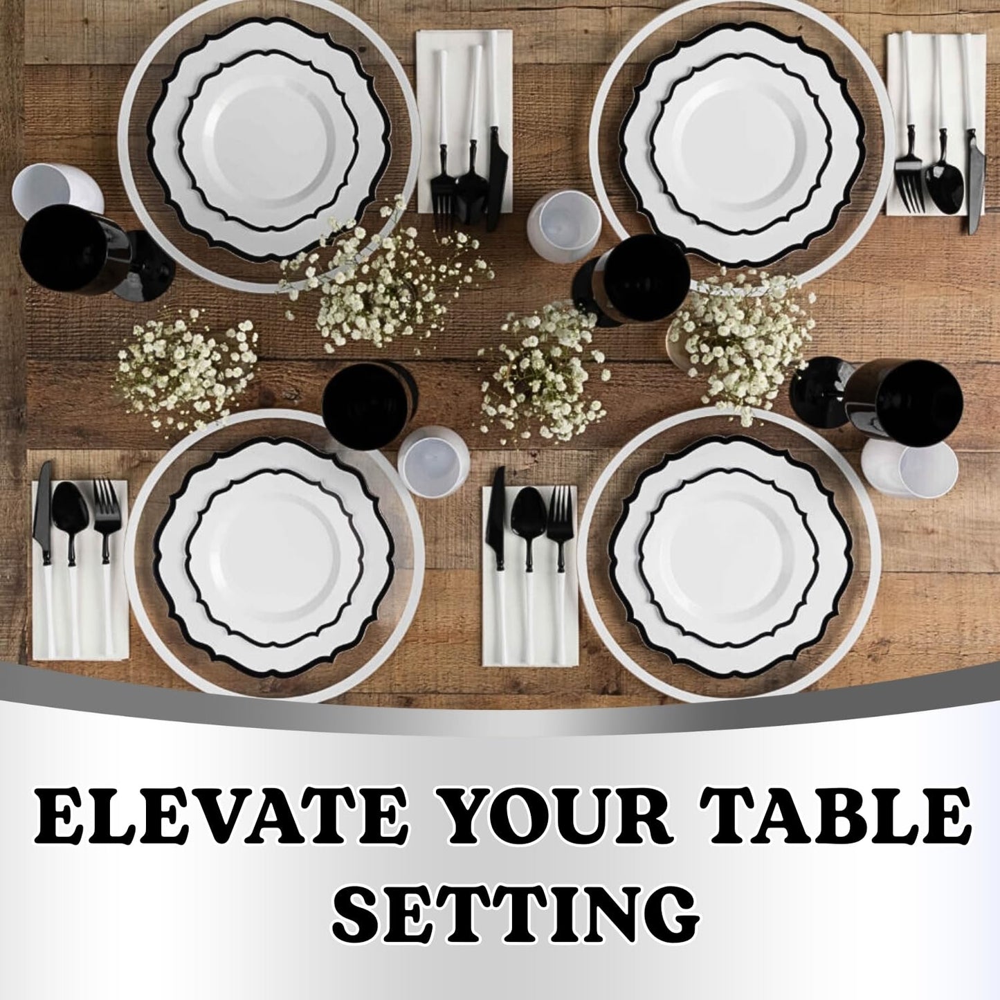 Contemporary Collection Combo White Plates with Black Rim - 7.5" - 10.5" (Pack of 32) - Sleek Modern Design - Perfect for Entertaining & Everyday Use