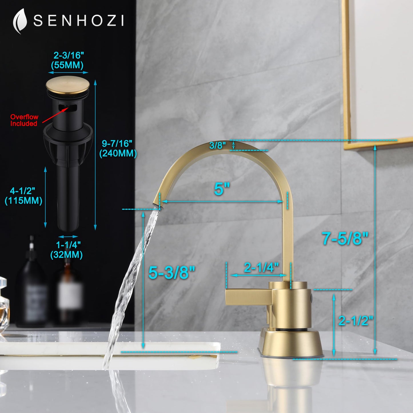 Senhozi Bathroom Sink Faucet 3 Hole Brushed Gold, 2 Handle 4 Inch Centerset Stainless Steel Bathroom Faucet with Pop up Drain and 2 Supply Lines, SE-0048-BG