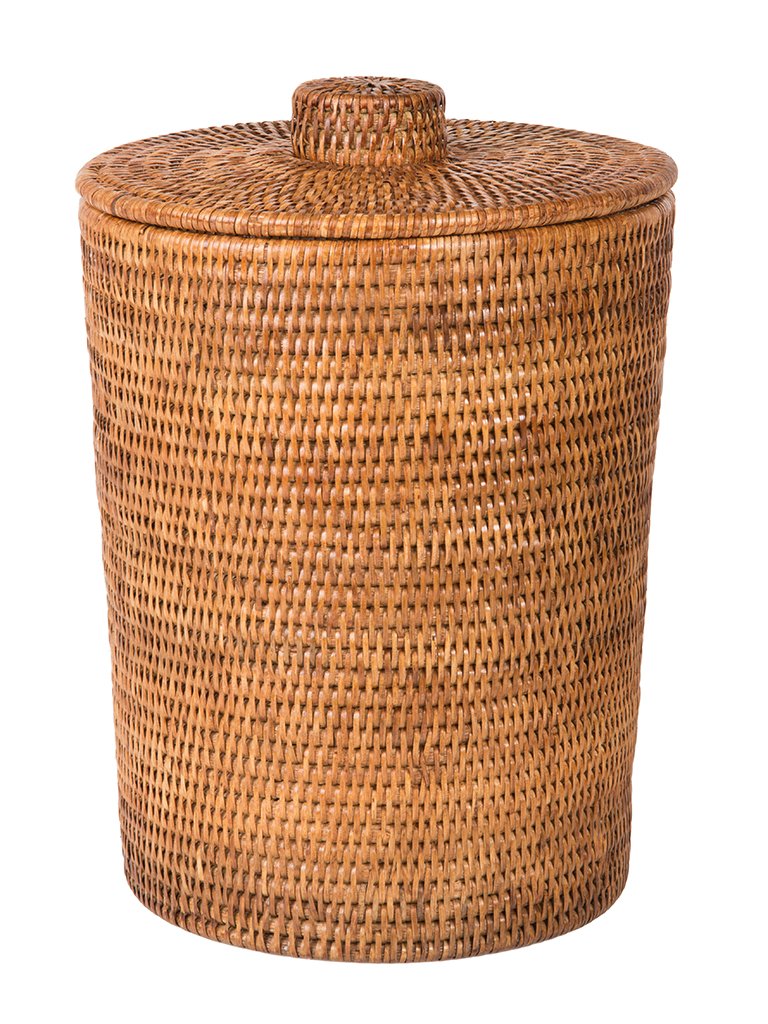 KOUBOO La Jolla Rattan Round Waste Basket with Plastic Insert & Lid, Large, Honey-Brown for Bedroom, Living Room and Bathroom