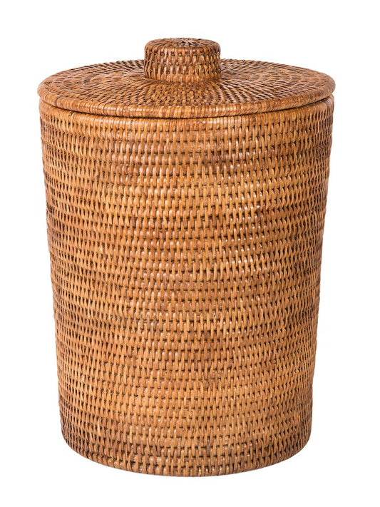 KOUBOO La Jolla Rattan Round Waste Basket with Plastic Insert & Lid, Large, Honey-Brown for Bedroom, Living Room and Bathroom