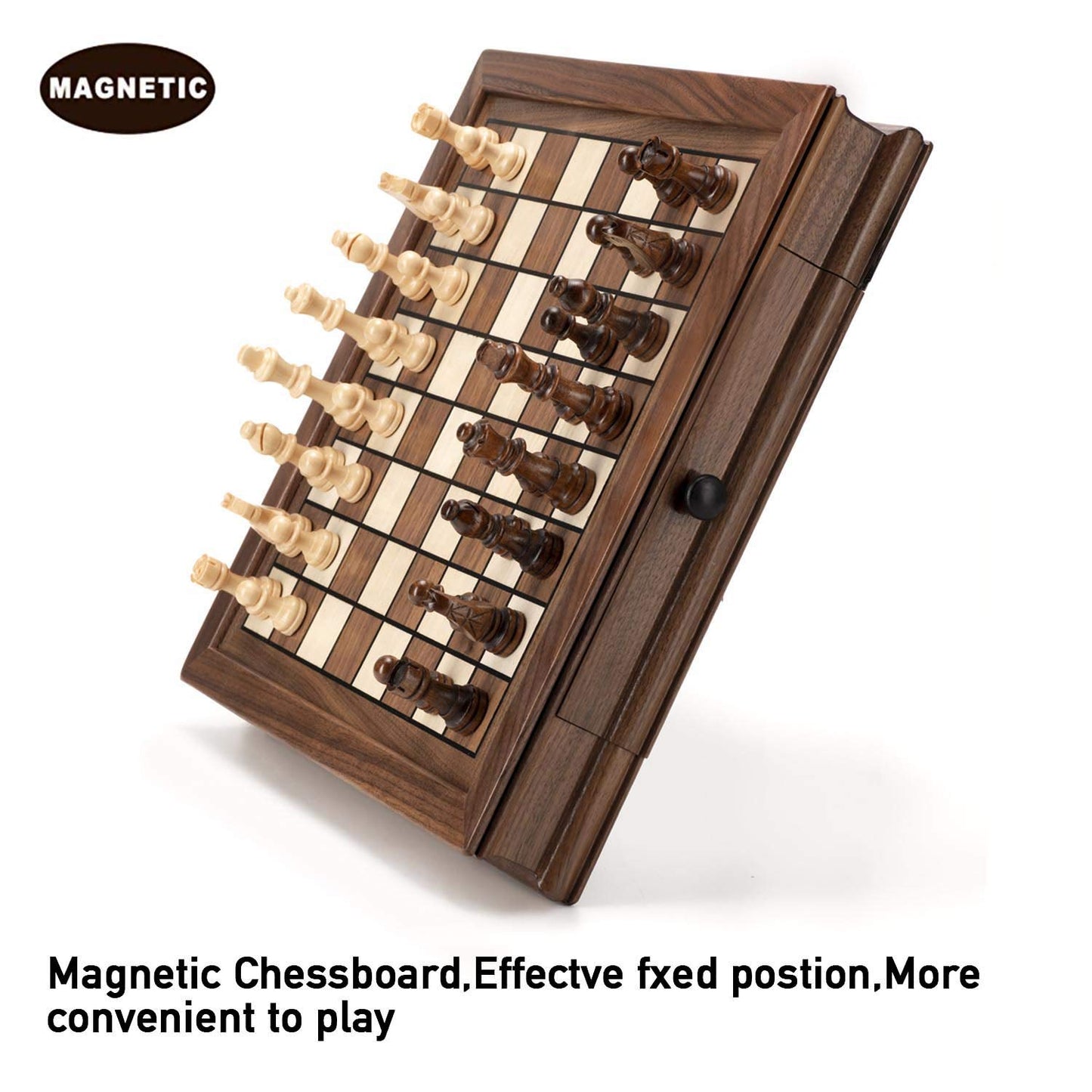 AMEROUS Magnetic Wooden Chess Set, 12.8" x 12.8" Walnut Chess Board Game with 2 Built-in Storage Drawers - 2 Bonus Extra Queens - Chess for Beginner, Kids and Adults, Gift Packaging