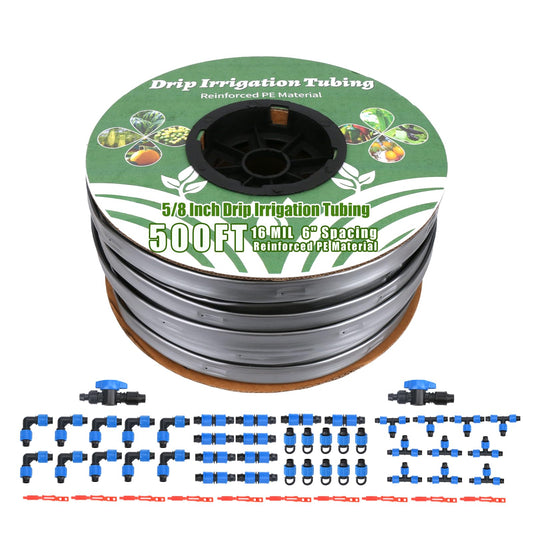 500FT 5/8 Inch 16 Mil Drip Tape Irrigation Kit, 6" Spacing Roll 16 Mil Drip Tape Irrigation, Durable Reinforced PE Material Anti-Bird Pecking Silver Anti-Burning Seedlings Drip Irrigation System