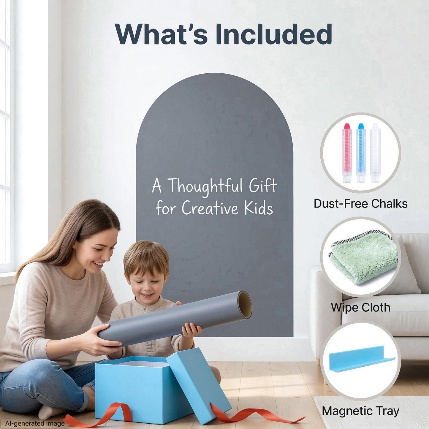 Qiytecno Magnetic Arch Wall Decal: Large 39.4"x23.6" Strong Adhesive Screen Free Chalkboard for Wall - Modern Playroom Decor & Homeschool Learning Station for Toddlers 1-4 & Kids 5-10 (Quiet Gray)