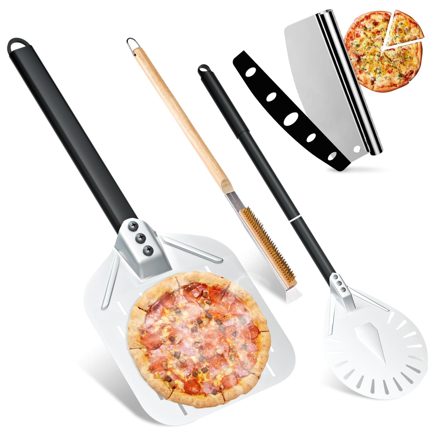 4-Piece Pizza Oven Accessories Kit, Includes 12 Inch Perforated Pizza Peel, 9 Inch Round Pizza Turning Peel, Oven Brush with Scraper and Rocker Cutter, Pizza Spatula Paddle Set for Home Pizza Making
