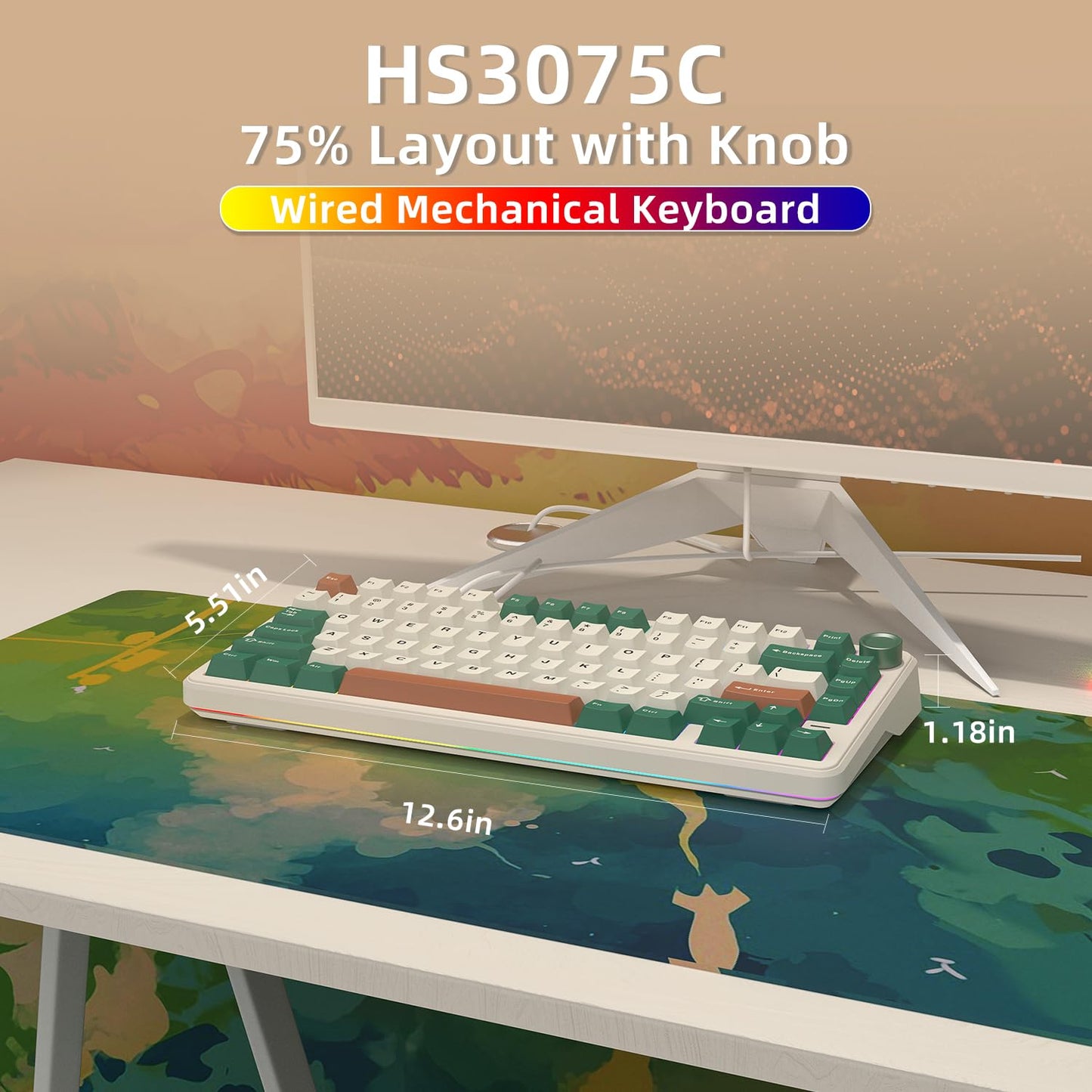 HELLO GANSS 75% Retro Green Wired Hot Swappable Mechanical Keyboard with Metal Knob | Mount Gasket | Programmable RGB Backlit & Adjustable Side Light (KTT Brown Switch)