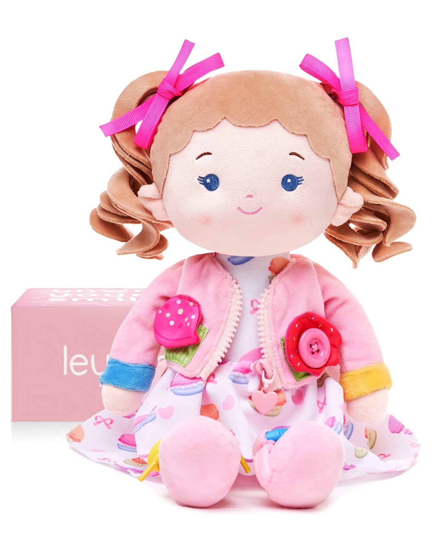 LeyaDoll Soft Bady Educational Soft Baby Doll(16''), Learning Sensory Doll for Toddlers, Montessori Toys for 2-Year-Old Girls Christmas, Birthday Gifts, Plush Toy with Button-Busy Cupcake-Girl