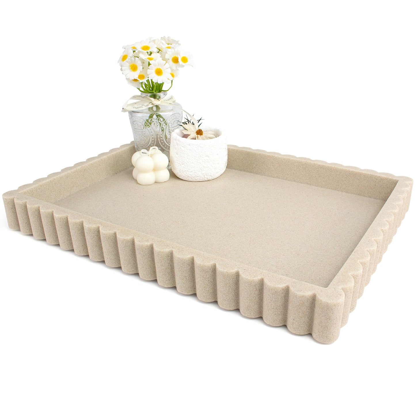 YMXYJM-Scalloped Coffee Table Tray，Ottoman Tray for Modern Home Decor. 14" Decorative Tray for Entryway Table Decor, Living Room Table Decor, Coffee Table Centerpiece - Beige Resin