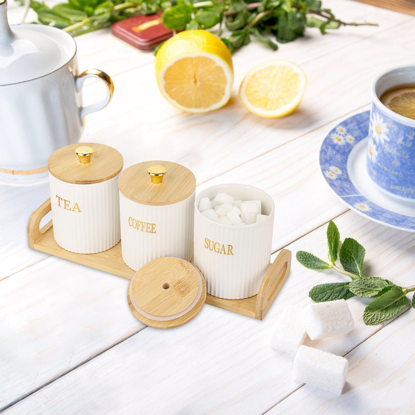 OGANAZI 3 Pack Ceramic Canister Set with Bamboo Lids and Handle Tray, Coffee Tea Sugar Container Set, White Ceramic Storage Jar Kitchen Canister for Countertop, White-Style 2