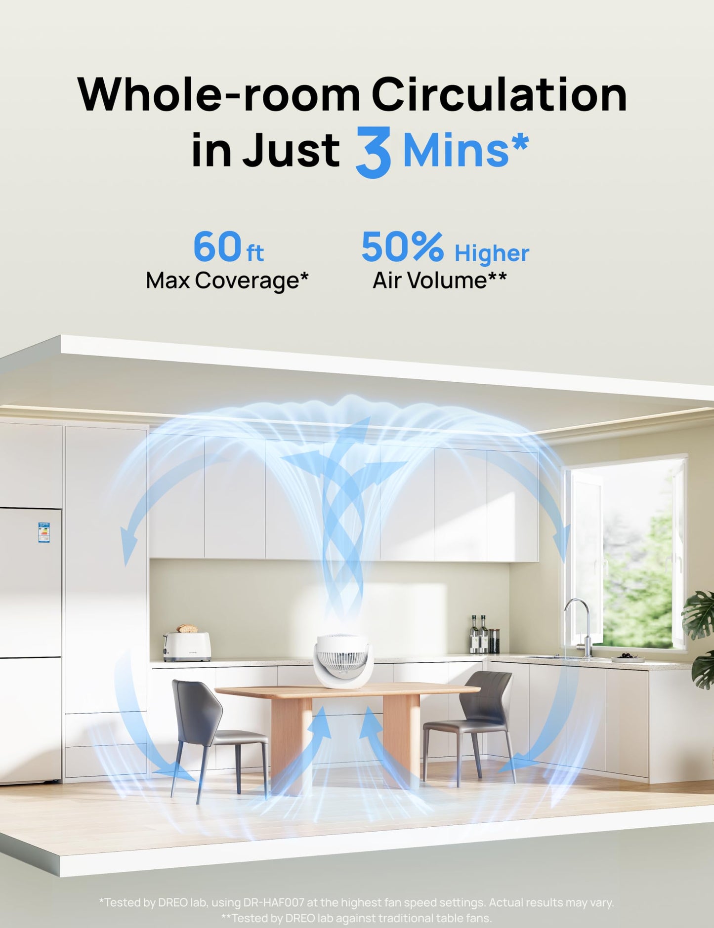 DREO Fan for Bedroom, Table Air Circulator for Whole Room, 11 Inch, 60ft Strong Airflow, 120° adjustable tilt, 20db Low Noise, Quiet, 3 Speeds, Desk Fan for Home,Office, Kitchen