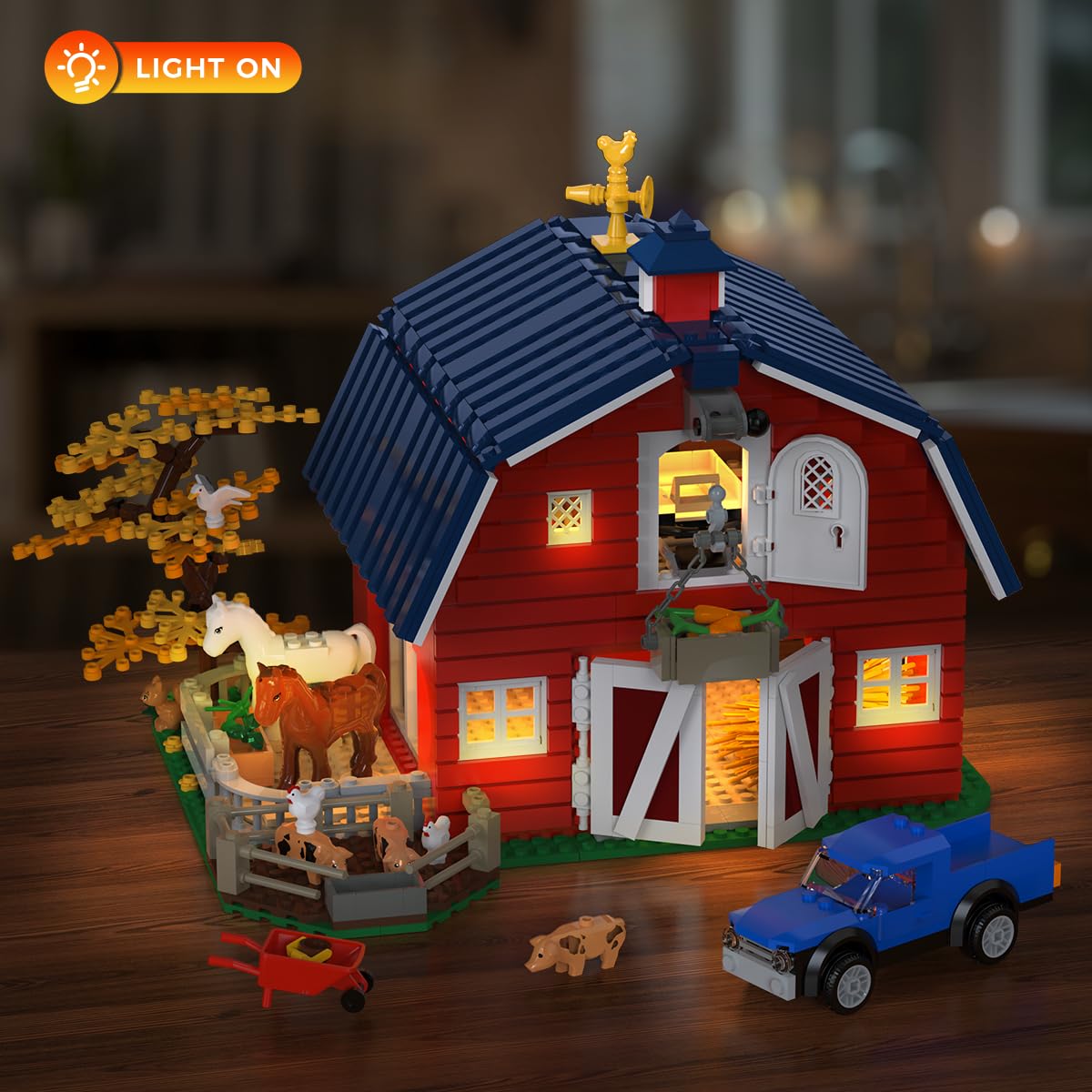 INSOON Western Farm Barn House Building Set with Lights, Newly Enhanced with Reinforced Structure, 1419 PCS Red Barn Building Toy with Animals Horse Tractor Windmill, Gift for Adults Boys Girls 10+