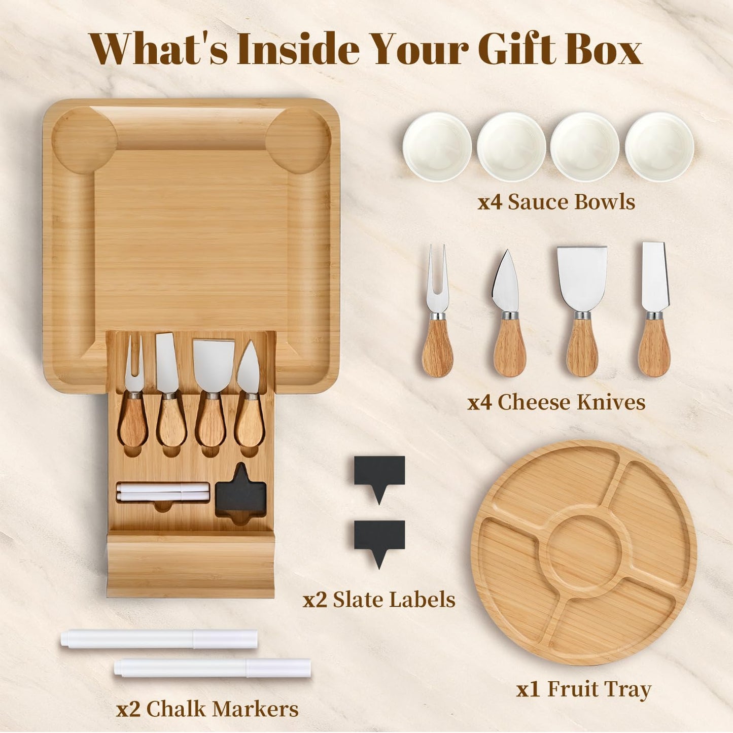 Premium Charcuterie Board with Lid – Bamboo Cheese Board Set with Utensils, Drawer & Fruit Tray – House Warming Gifts New Home, Wedding, Birthday, Bridal Shower (Cream)
