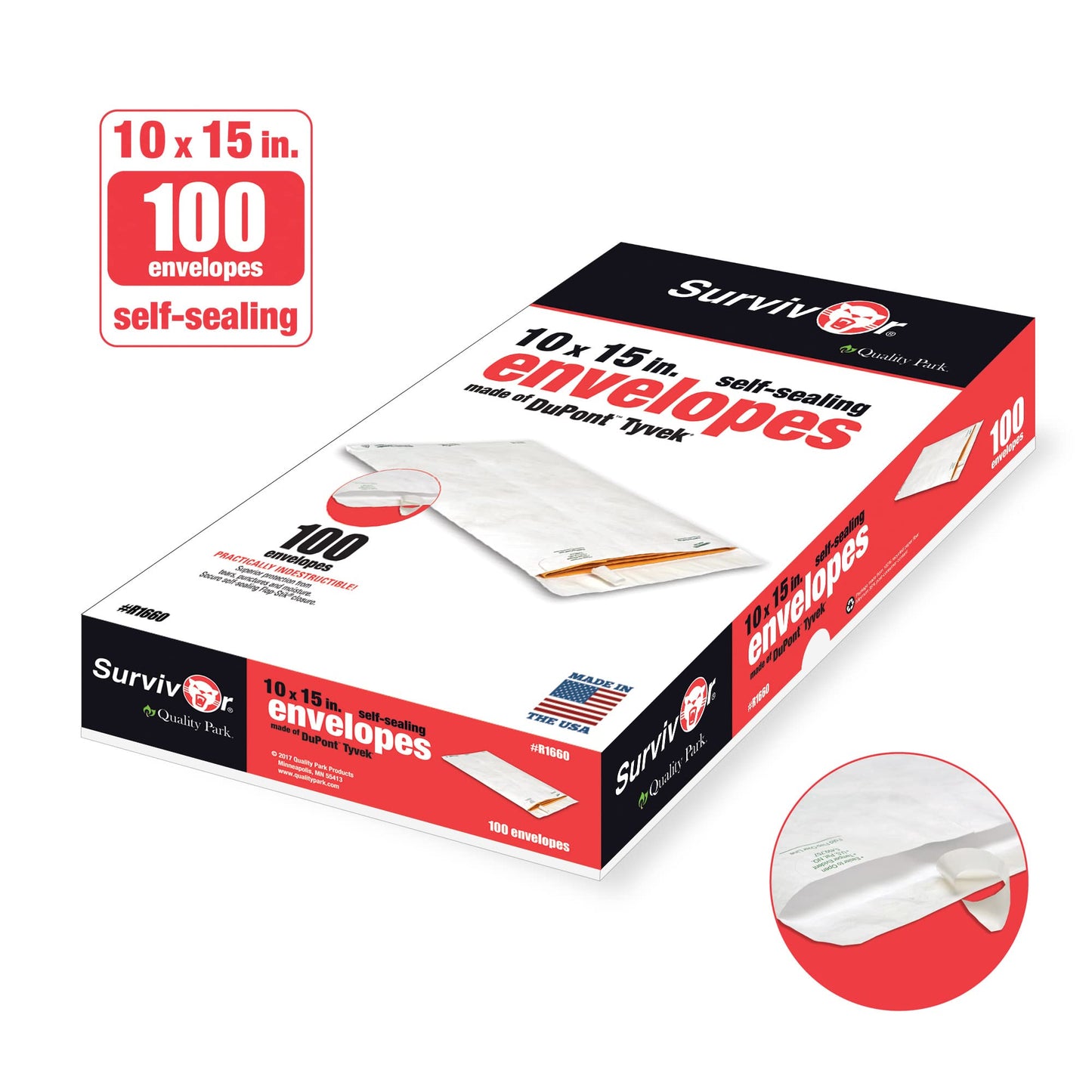Quality Park QUAR1660 Survivor 10 x 15 Tyvek Catalog Mailer with Self Sealing Closure, 14 lb Puncture, Tear and Moisture Resistant DuPont Tyvek Envelopes, 100 per Box (R1660),White