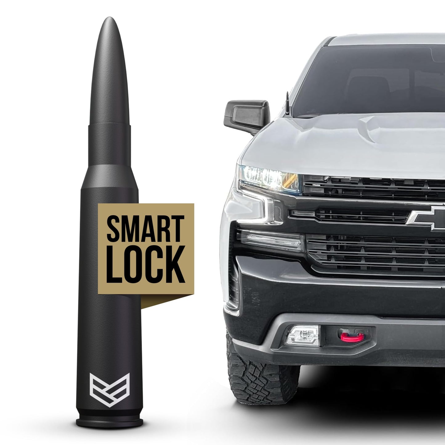 RONIN FACTORY Bullet Antenna Chevy Silverado & GMC Sierra Trucks - 50 Cal Accessories - Anti Theft - Carwash Safe - Short Replacement Antenna for Truck (SmartLock)