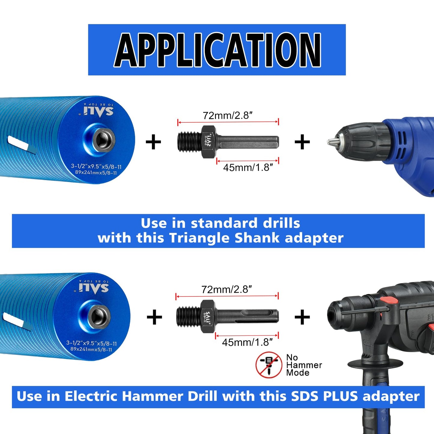 SALI Diamond Core Drill Bits 3 1/2" Diameter 10"/254mm Drilling Depth 5/8-11" Thread Core Bit Turbo Laser-Welded Segments for Cured Concrete with Brick, Block, Masonry, with Two Adapters