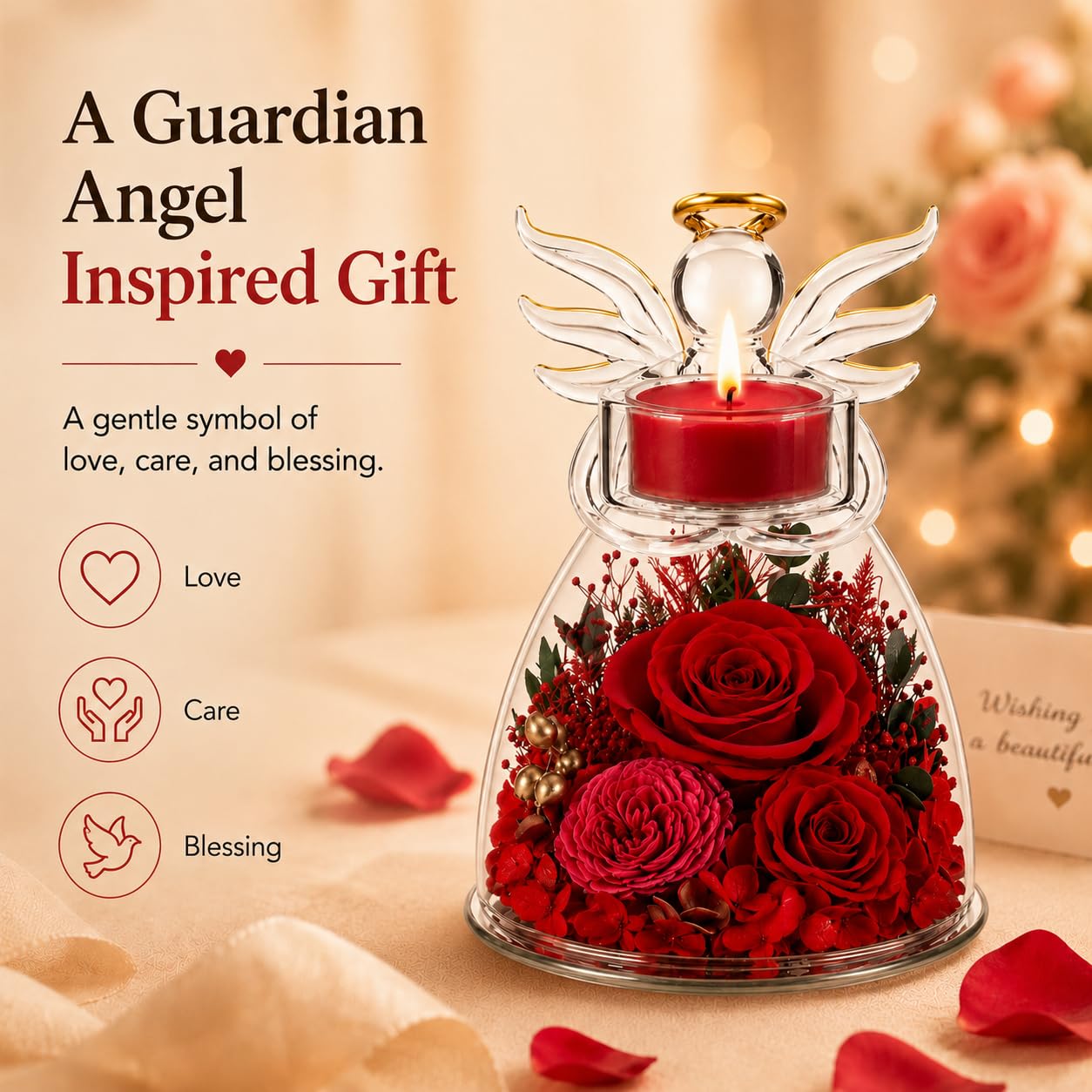 Agrul Birthday Gifts for Wife Girlfriend Women, Preserved Red Rose in Glass Angel Candle Holder, Romantic for Her, Forever Flower Home Decor