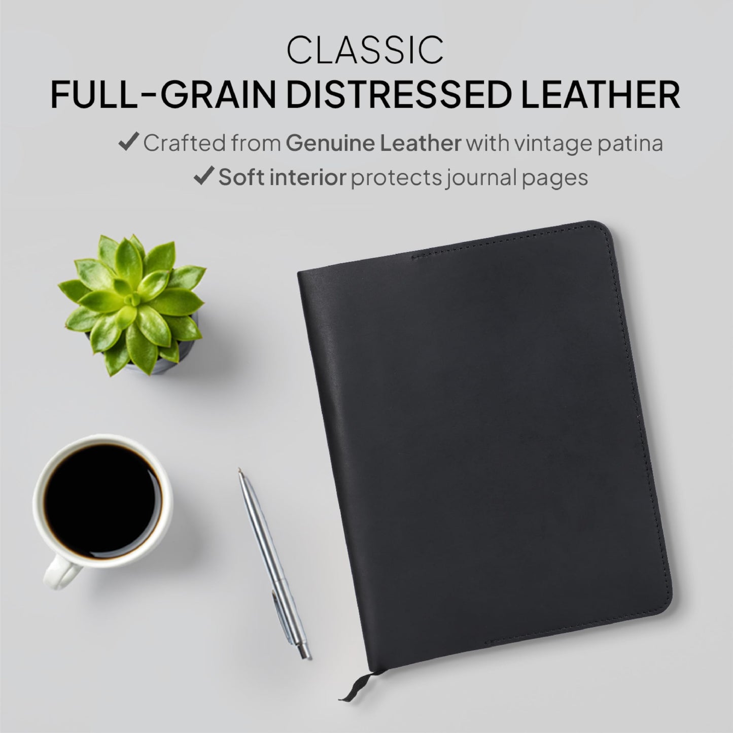 TheAntiq XL Leather Journal Cover Black 7.5 x 9.5 Inch – Refillable Genuine Leather Cover for Composition Notebook, B5 Planner & Diary – Handmade Protective Travel Writing Case