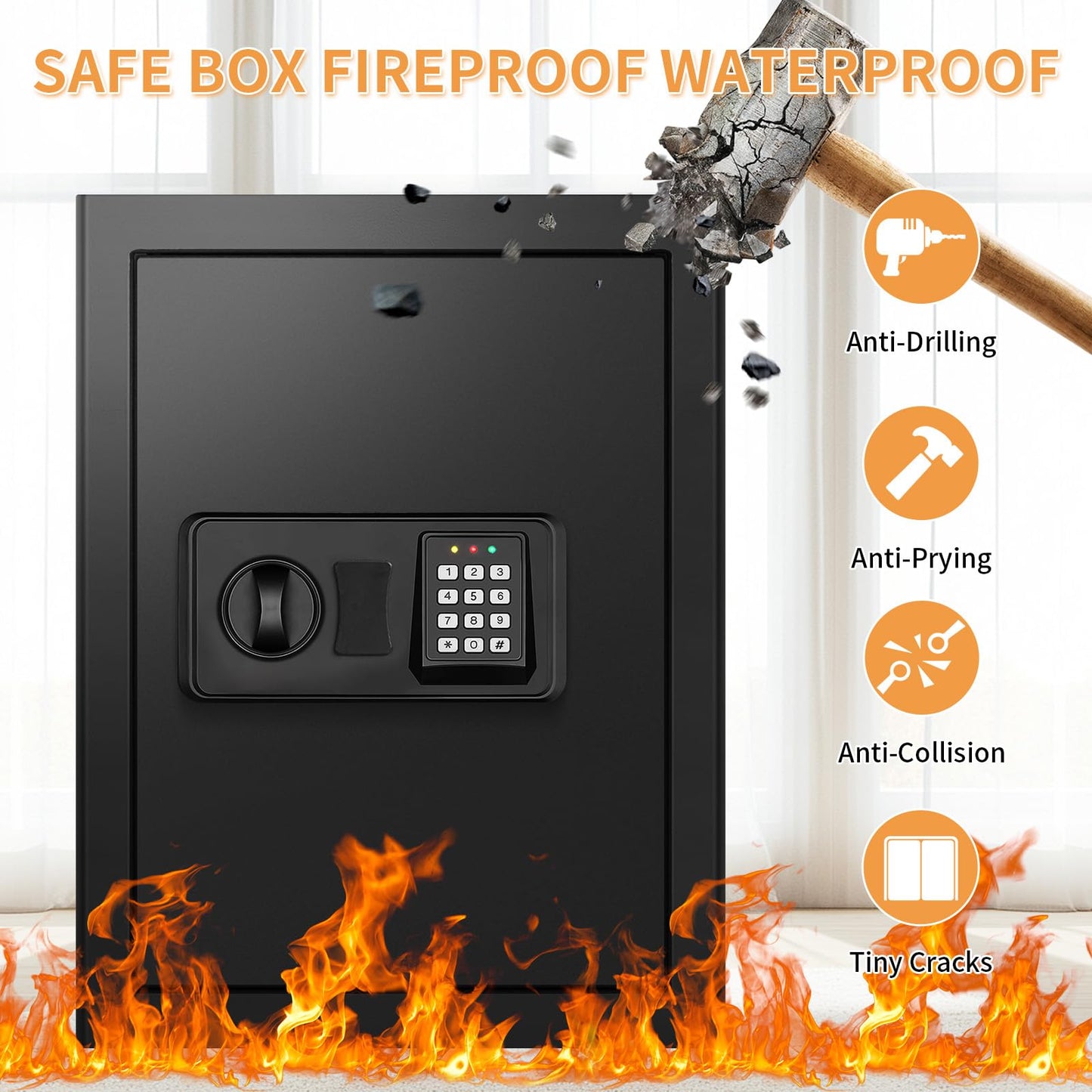 3.0 Cub Large Home Safes Fireproof Wterproof, Anti-theft Fireproof Safe with Programmable Keypad, Spare Keys and Alarm Systerm, Digital Home Security Safe Box for Document Money Medicines