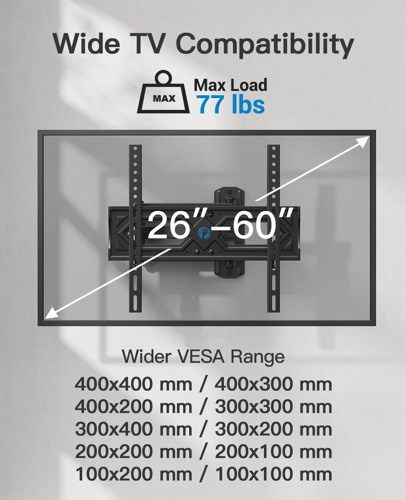 Pipishell Full Motion TV Wall Mount for 26-60 Inch Flat Curved TVs, Heavy Duty Single Articulating Arms TV Bracket Up to VESA 400x400mm and 77lbs, Support Swivel, Tilt, Level Adjustment