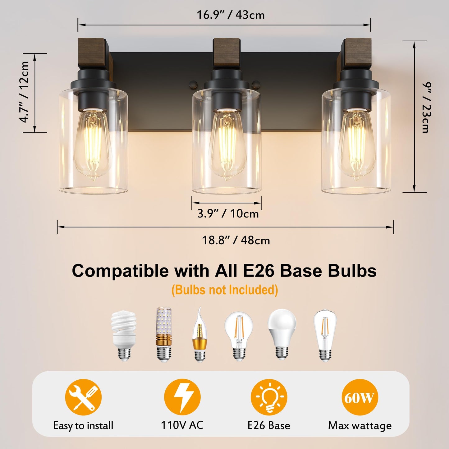 Farmhouse Bathroom Vanity Light Fixtures, Rustic 3-Light Wood Vanity Lights for Bathroom, Vintage Black Wall Sconces Lighting, Light fixtures Over Mirror, with Glass Shade