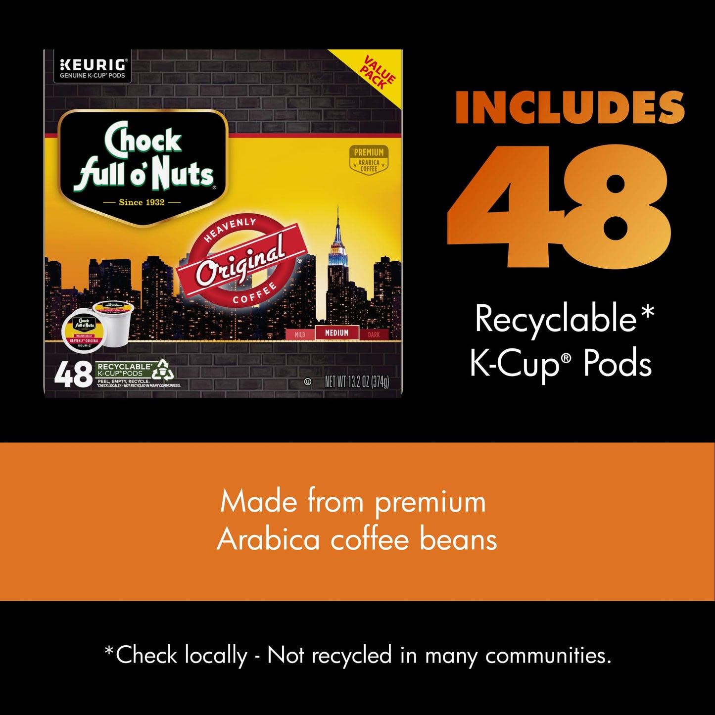 Chock Full o' Nuts Heavenly Original Keurig K-Cup Pods for Keurig Brewers – Premium Arabica, Medium Roast – Single Serve – 1 Pack of 48 K-Cup Pods