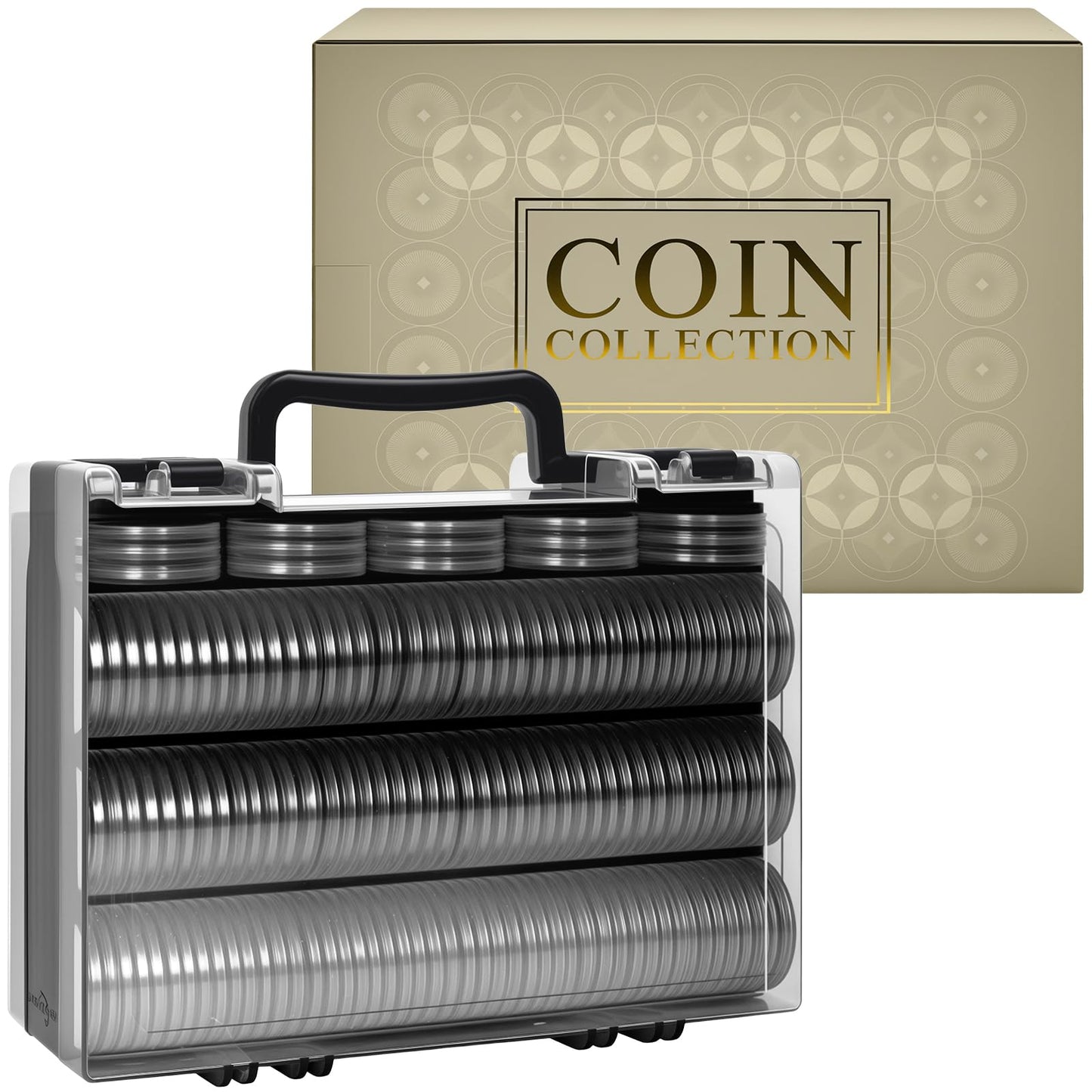 Coin Collector Case with 141 pcs Capsules with Foam Gaskets & 220 Dollar Bill Sleeve-Coin Collection Supplies Storage Organizer Box for Secure Coin and Paper Money Display(Black case+Black Gasket)